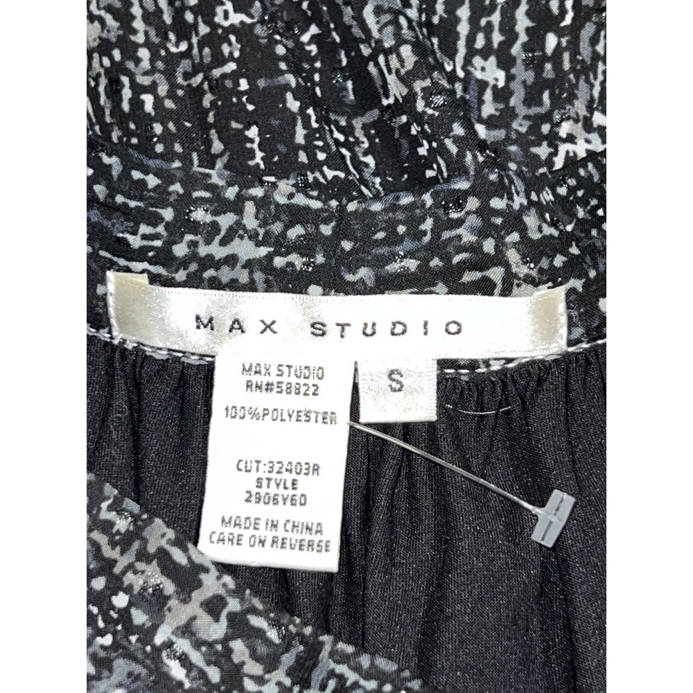 MAX STUDIO Black Silver Sheer Print Long Sleeve Elastic Waist Dress Women's Sz S - Picture 8 of 9